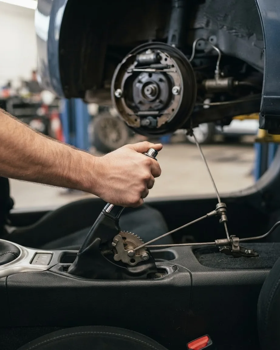 A hand grips a parking brake lever with exposed cables extending toward the rear wheel drum brake assembly.