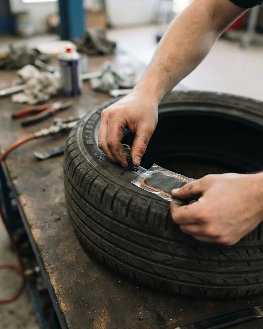A mechanic's hands position a rubber plug and a rectangular repair patch on a car tire resting on a workshop bench.