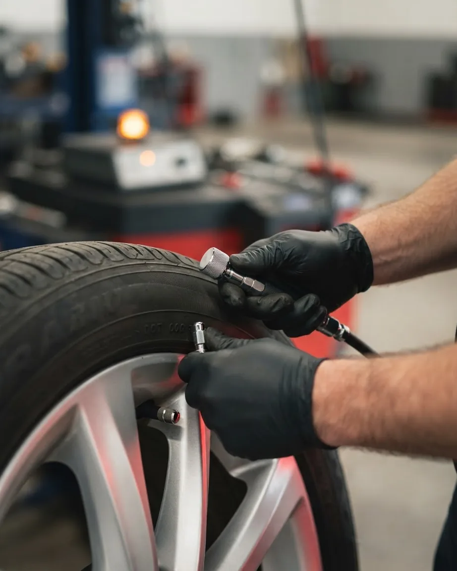 Gloved hands use a pneumatic shop tool beside the valve stem of a mounted car tire.