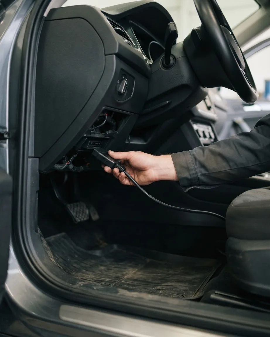 A hand holds an OBD-II scanner connector beneath a car dashboard near the diagnostic port.