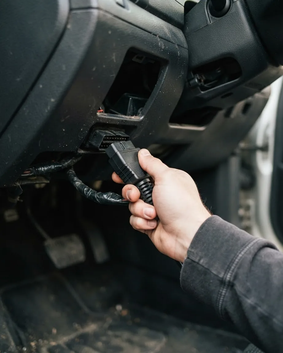 A hand plugs a black OBD scanner cable into the port beneath a car's driver-side dashboard.