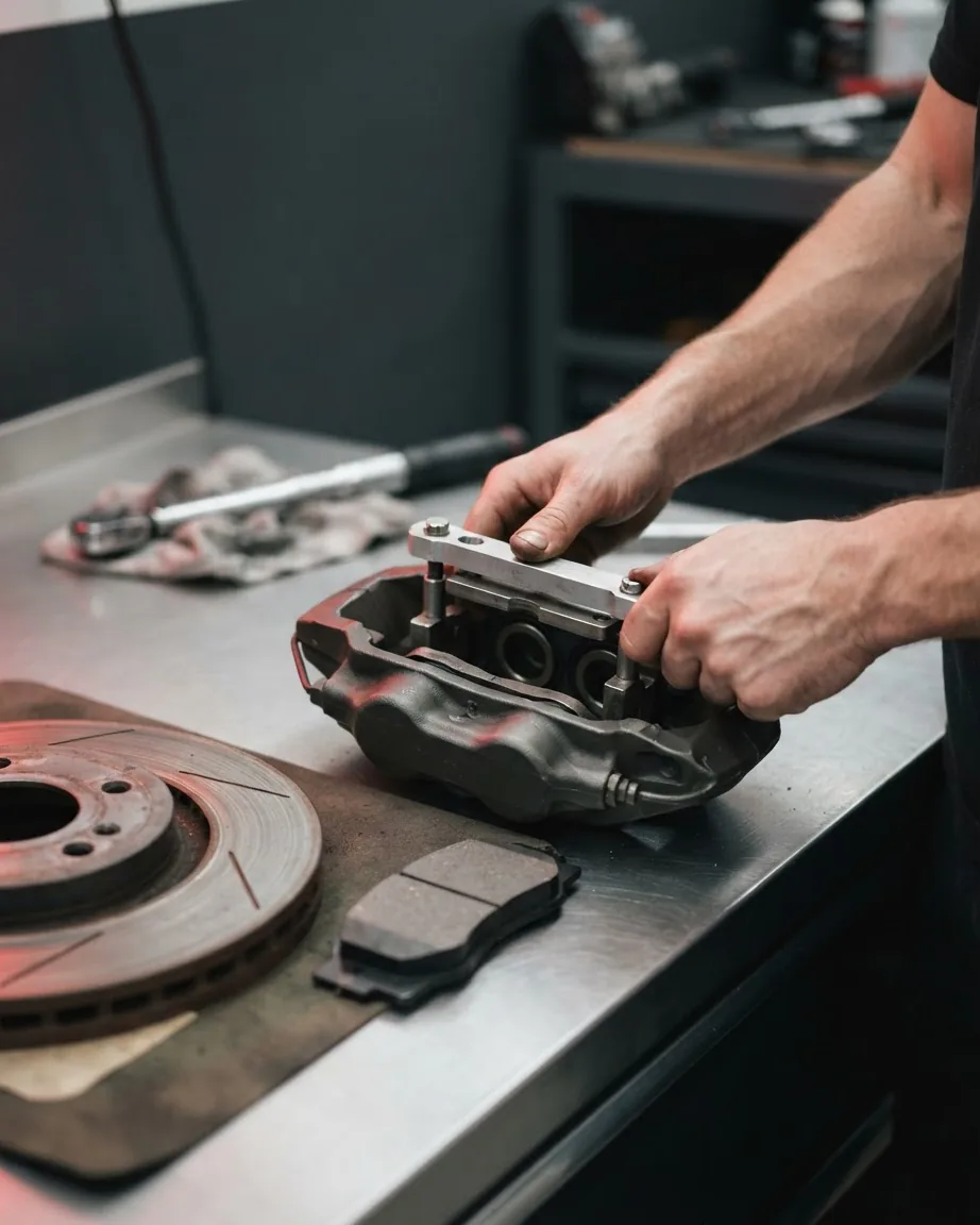Hands position a metal brake pad spreader inside a multi-piston brake caliper on a workshop bench beside a rotor and pad.