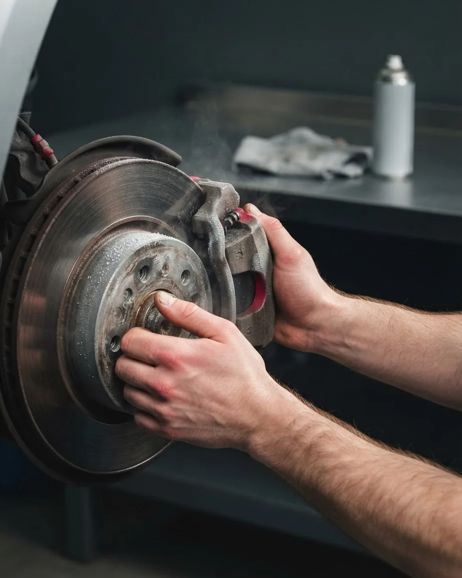 Two hands grip an exposed rear brake rotor and caliper, with a spray can and cloth on a workbench behind.