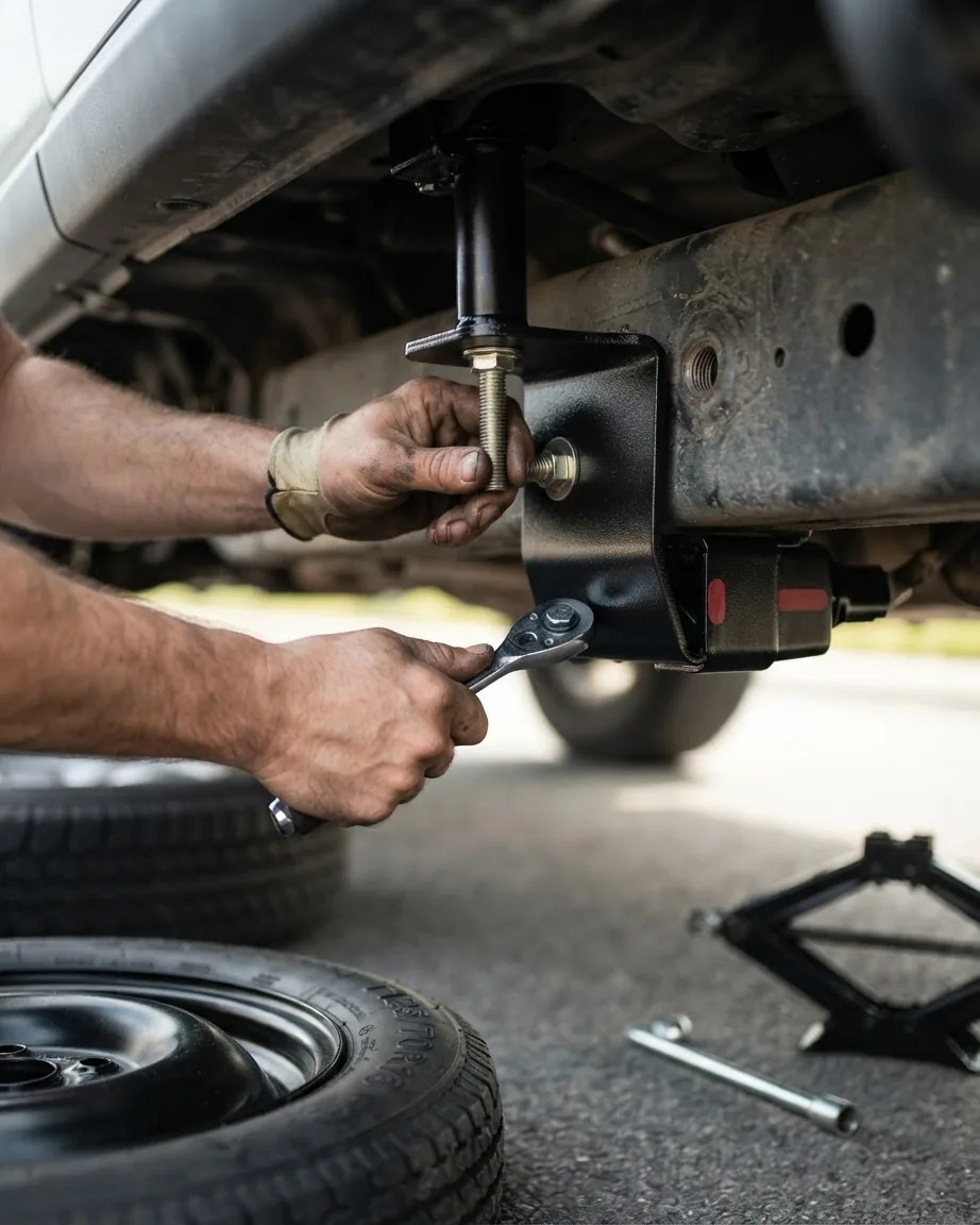 Hands tighten bolts on a black metal underbody mounting bracket beneath a vehicle, with spare tires and tools nearby.