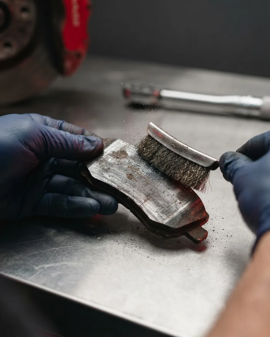 Blue-gloved hands scrub a worn brake pad and its metal shim with a wire brush on a steel workbench.