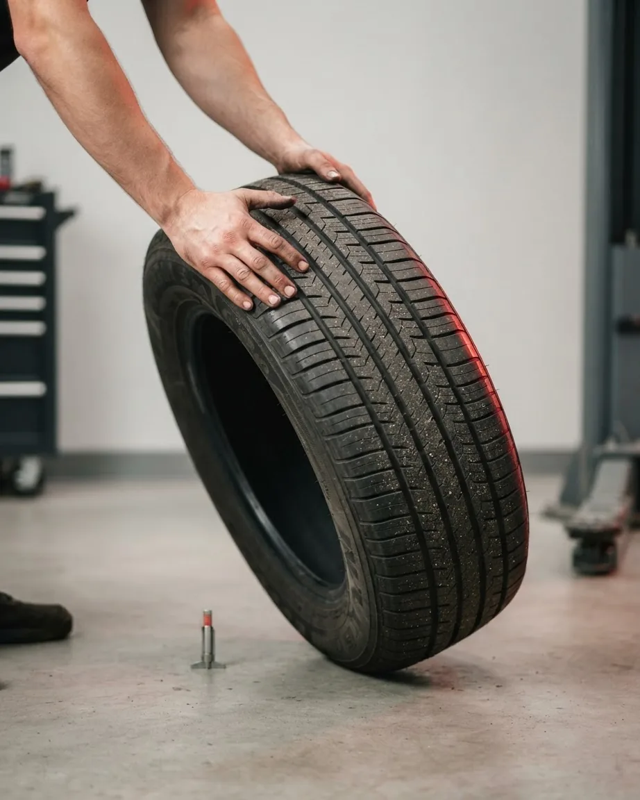 A mechanic's hands grip an upright car tire on a concrete garage floor beside a small metal tool.