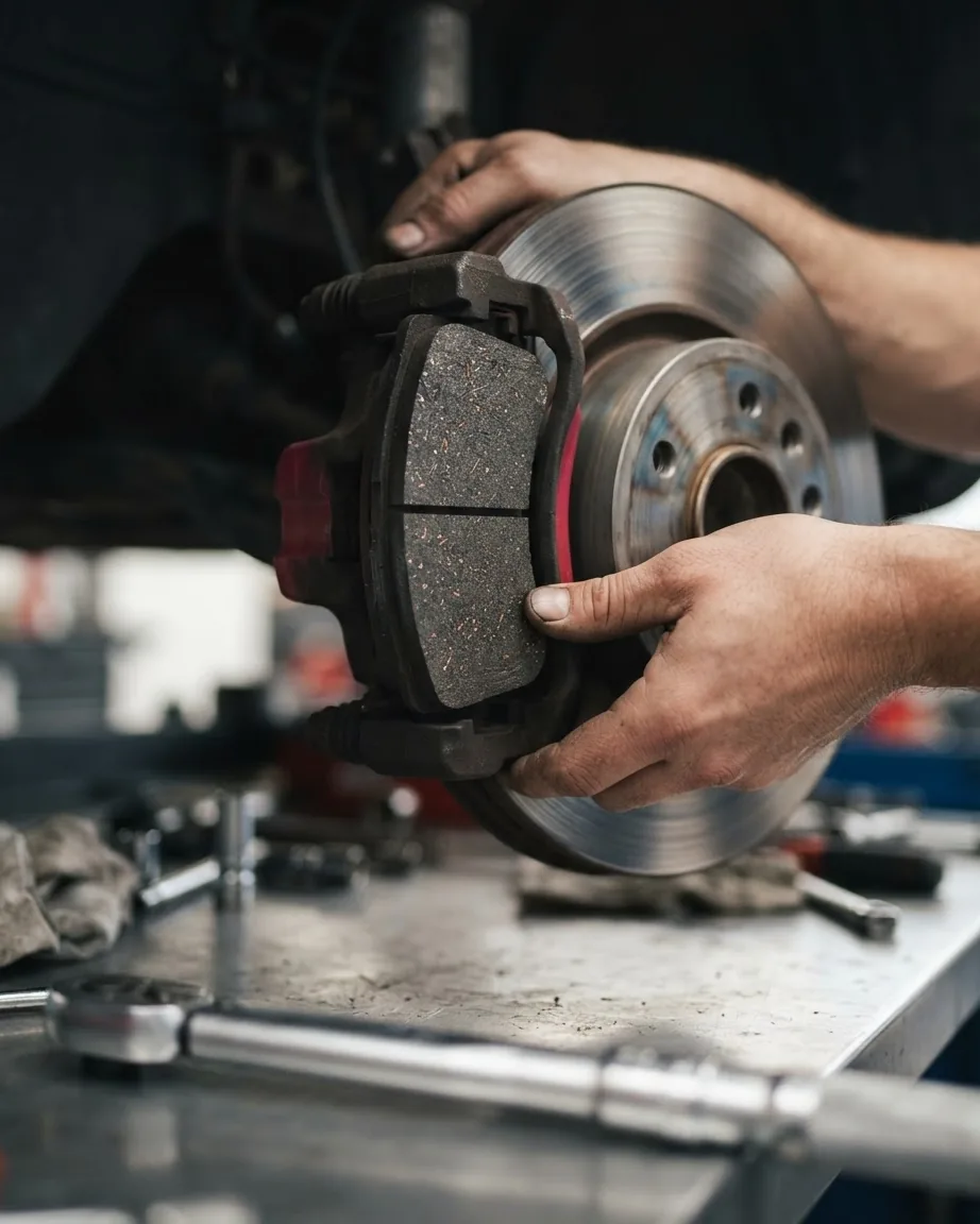 Mechanic's hands hold a brake caliper with a textured brake pad against a metal rotor above a workbench.