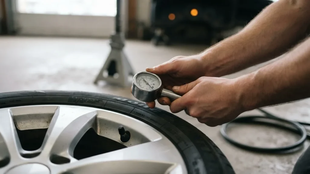Hands hold a pressure gauge against a car tire beside a silver alloy wheel.