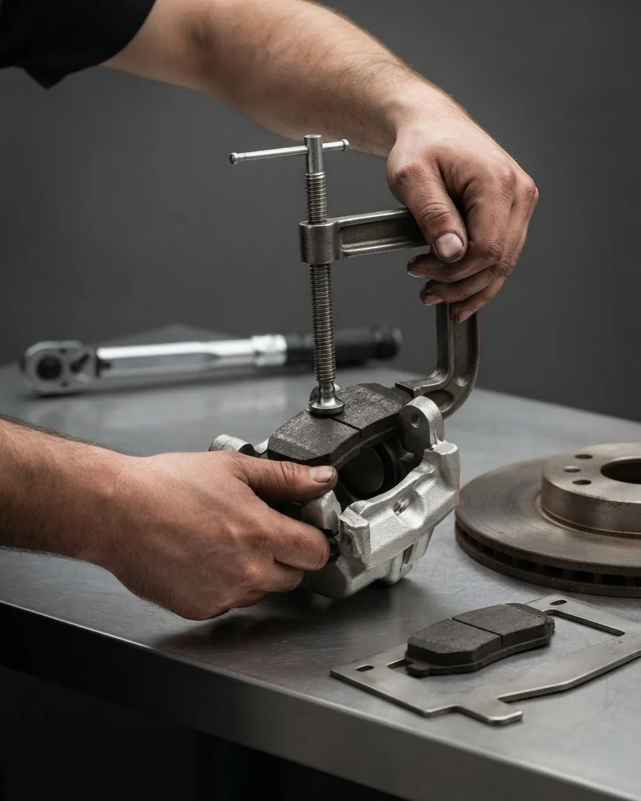 Hands hold a brake caliper while a metal C-clamp presses a brake pad, with a rotor and spare pads nearby.