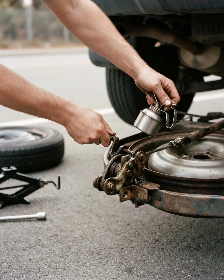 Hands operate a rusty underbody spare tire cable winch while applying oil beside a vehicle and loose tire.