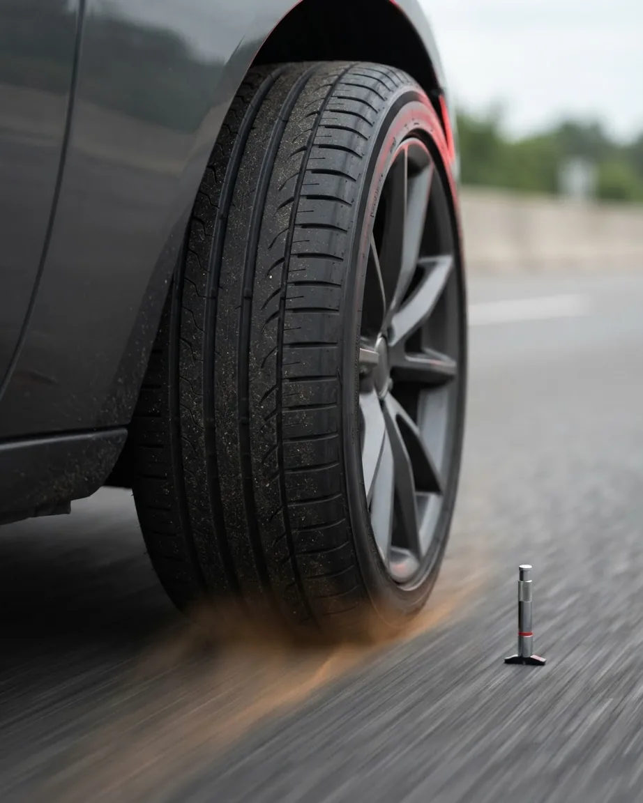 Close-up of a car tire rolling on a highway beside a small roadside marker.