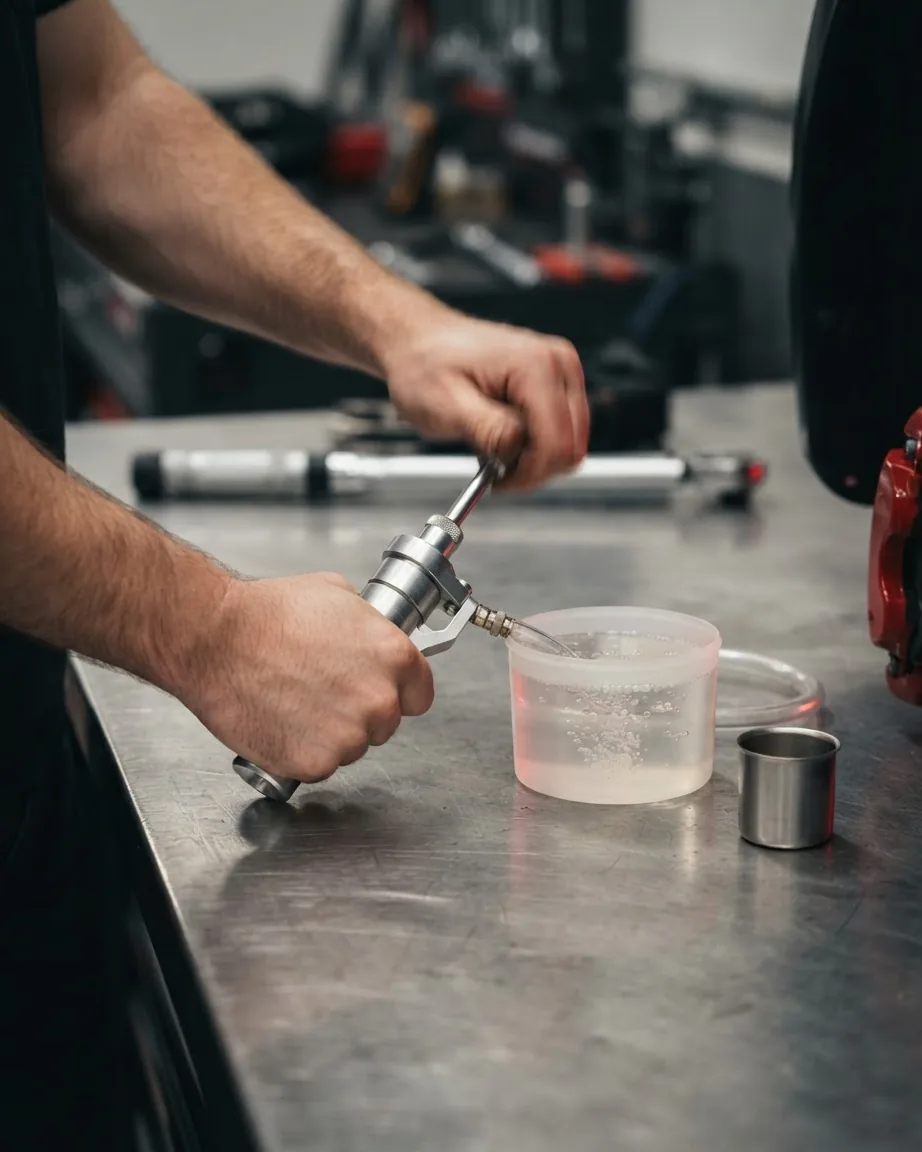 Hands operate a metal bleeding tool beside a clear reservoir of bubbly fluid on a workbench.