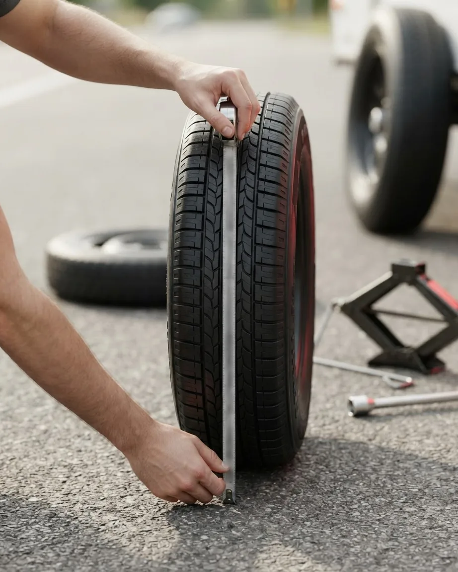 Hands hold a measuring tape vertically against an upright spare tire on pavement beside a camper and tire-changing tools.