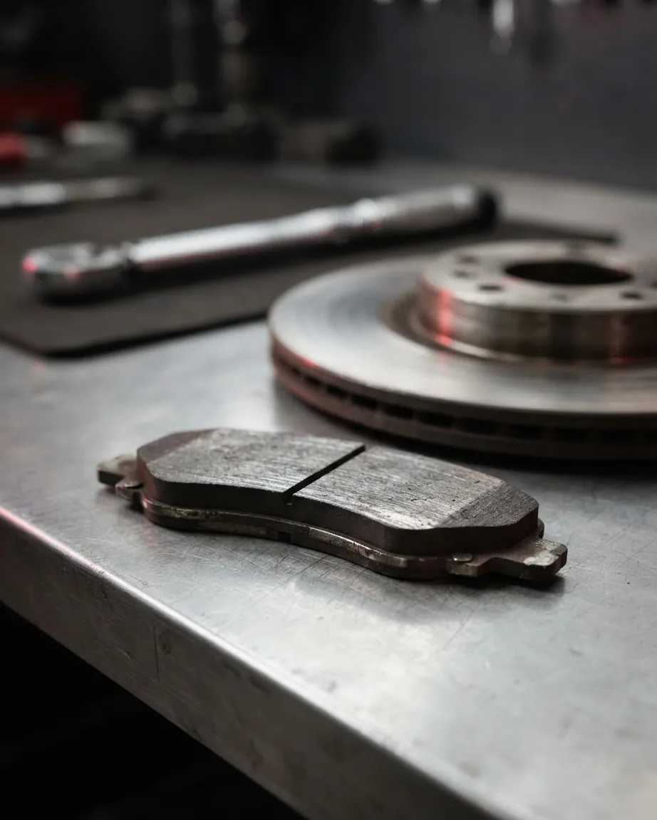 A close-up brake pad with visible friction material rests on a metal workbench beside a brake rotor and tool.