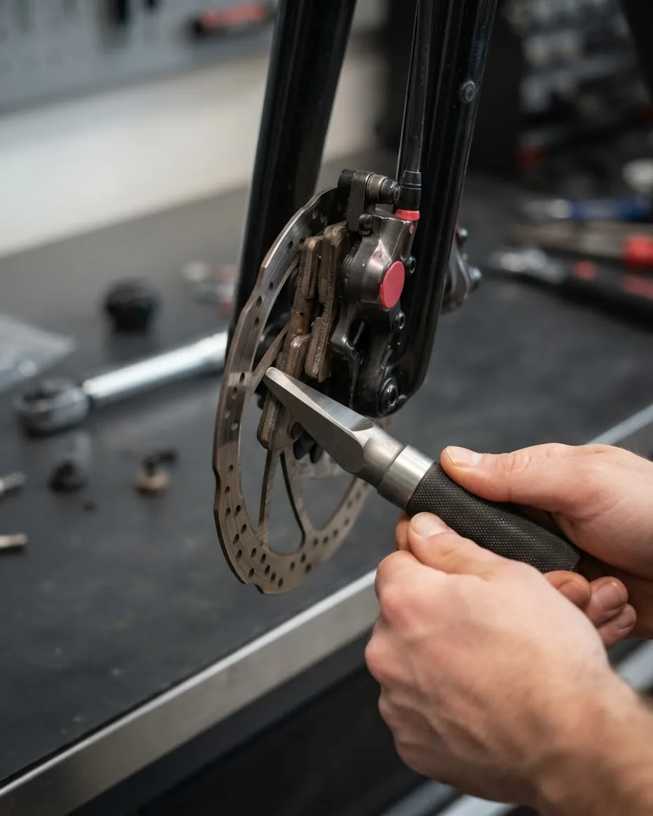 Hands hold a metal wedge tool between the brake pads of a bicycle disc brake mounted on a black fork.