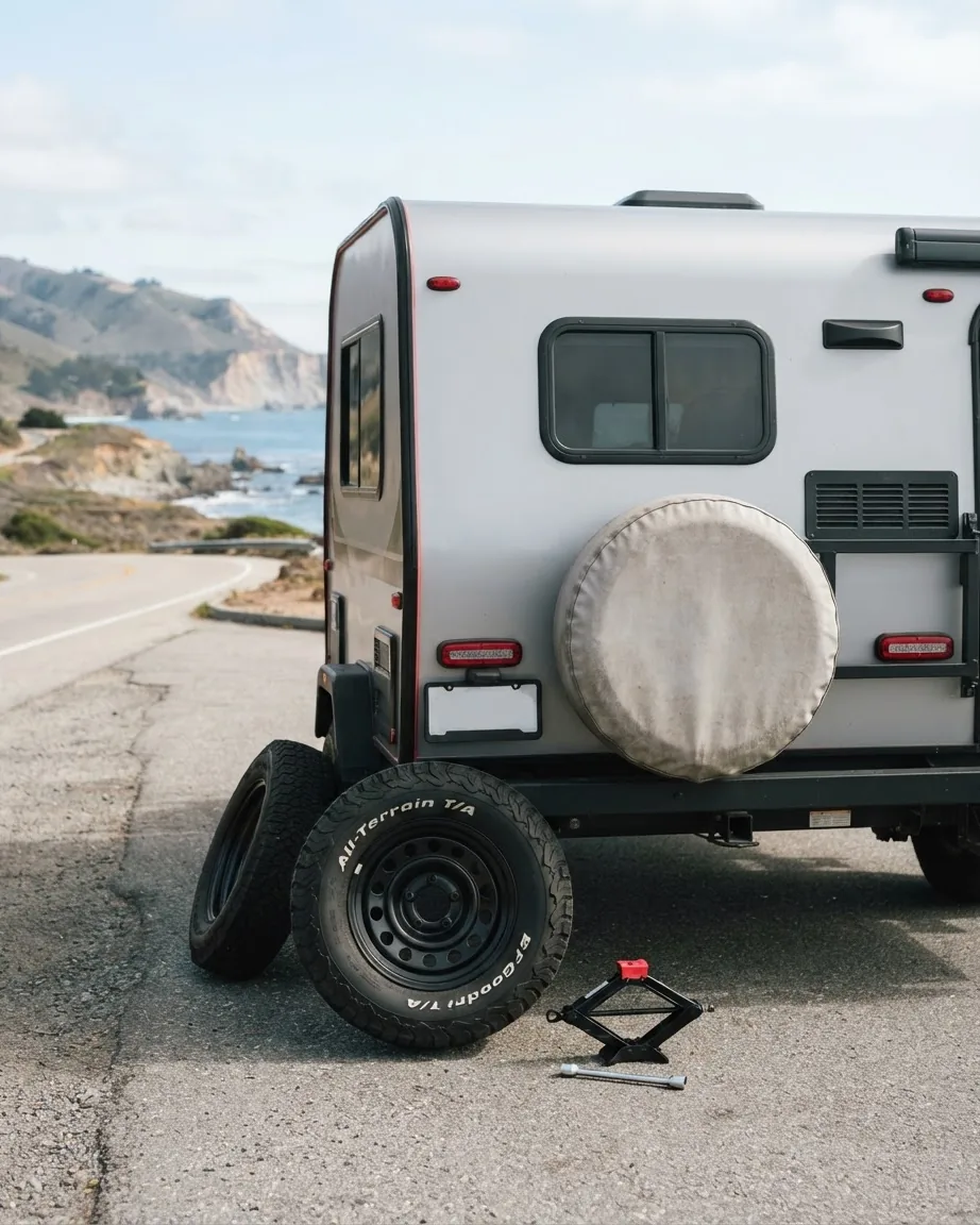 A camper parked beside a coastal road with a covered rear spare tire, two loose tires, and a jack on the ground.