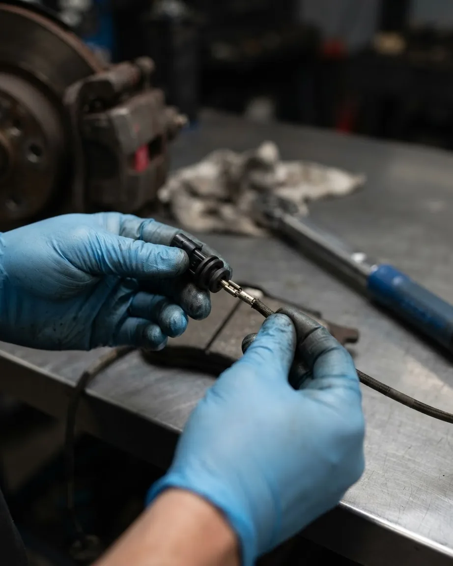 Blue-gloved hands inspect a small electrical connector and exposed wire crimp beside a car brake assembly.