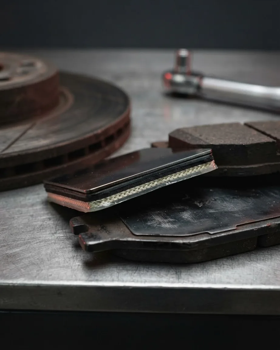 Layered brake pad shim resting against a steel backing plate, with brake pads, a rotor and a tool nearby.