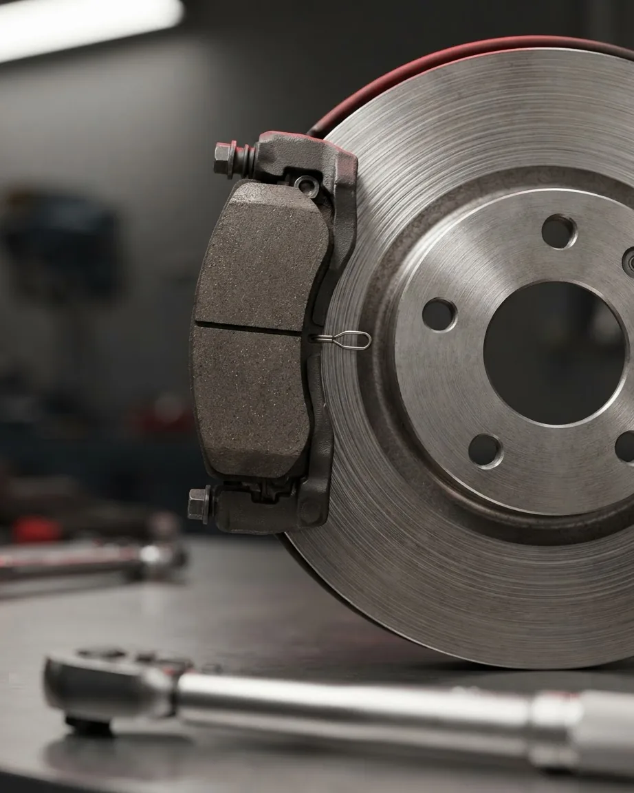 Close-up of a disc brake rotor and brake pad assembly with a small metal wire loop beside the pad.