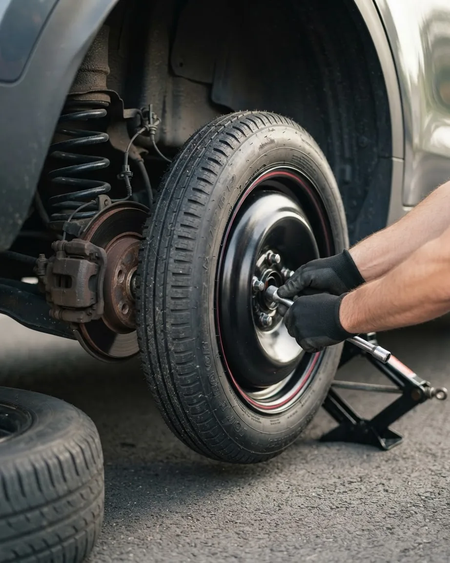 Gloved hands tighten a compact spare tire on a raised car, with the brake rotor and suspension exposed beside it.