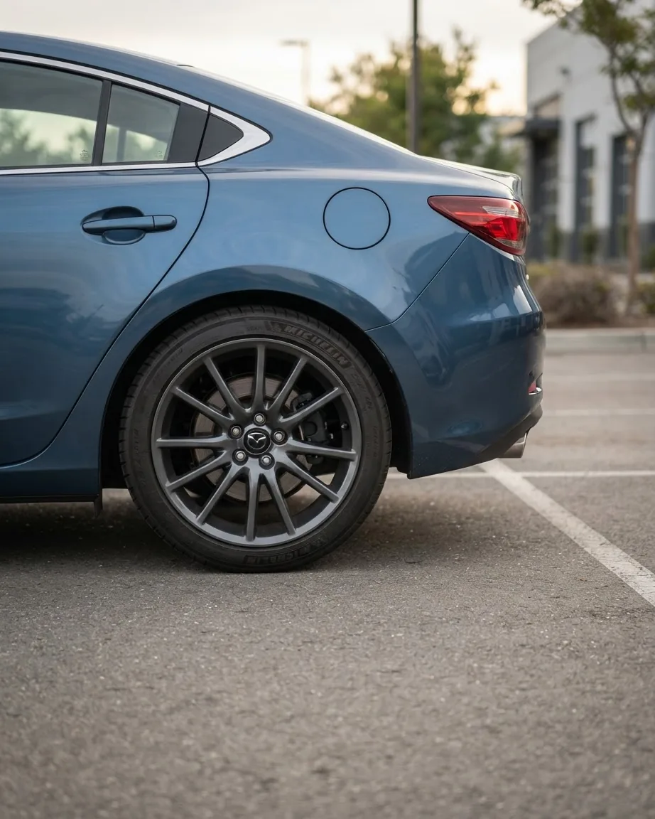 Rear side of a blue sedan parked on asphalt, with a prominent rear wheel, red taillight, and blurred buildings behind.