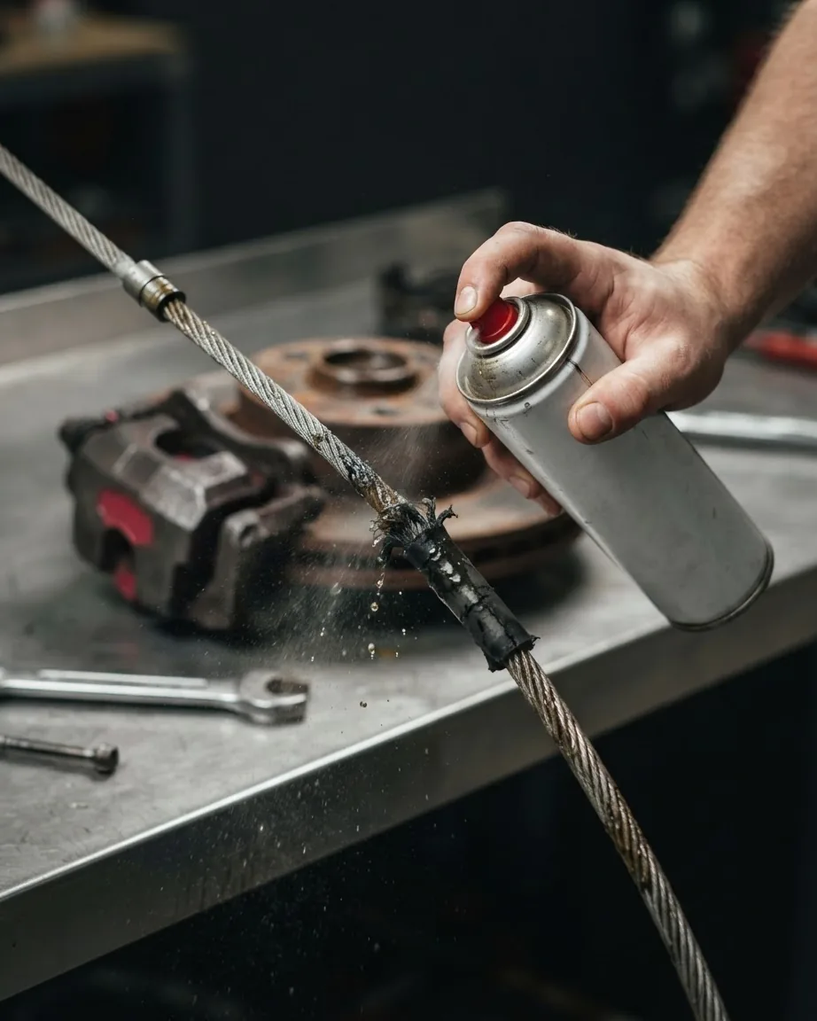 A hand sprays an aerosol onto a frayed steel cable and damaged black protective jacket above a metal workbench.