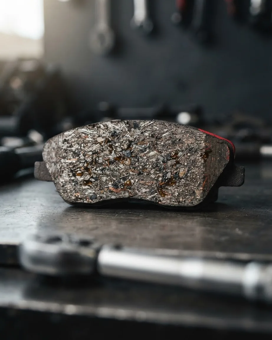 Close-up of a brake pad with speckled friction material and visible metallic fragments on a workshop bench.