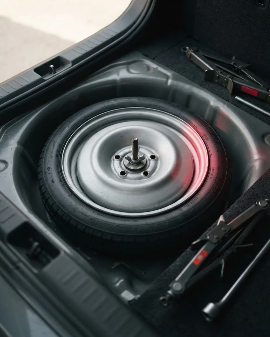 A spare tire lies flat in a car trunk's recessed well, secured by a central bolt, with tire-changing tools beside it.