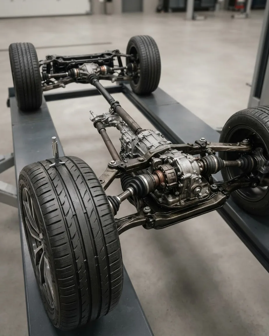 Four car wheels connected by exposed driveshafts, differentials, and suspension components on a workshop platform.