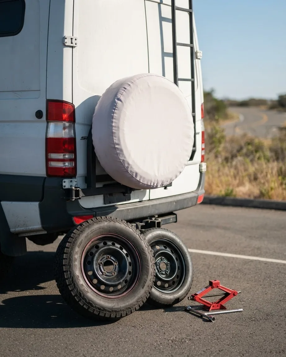 A light-colored spare tire cover on the back of a white camper van in sunlight, with two tires and a jack nearby.