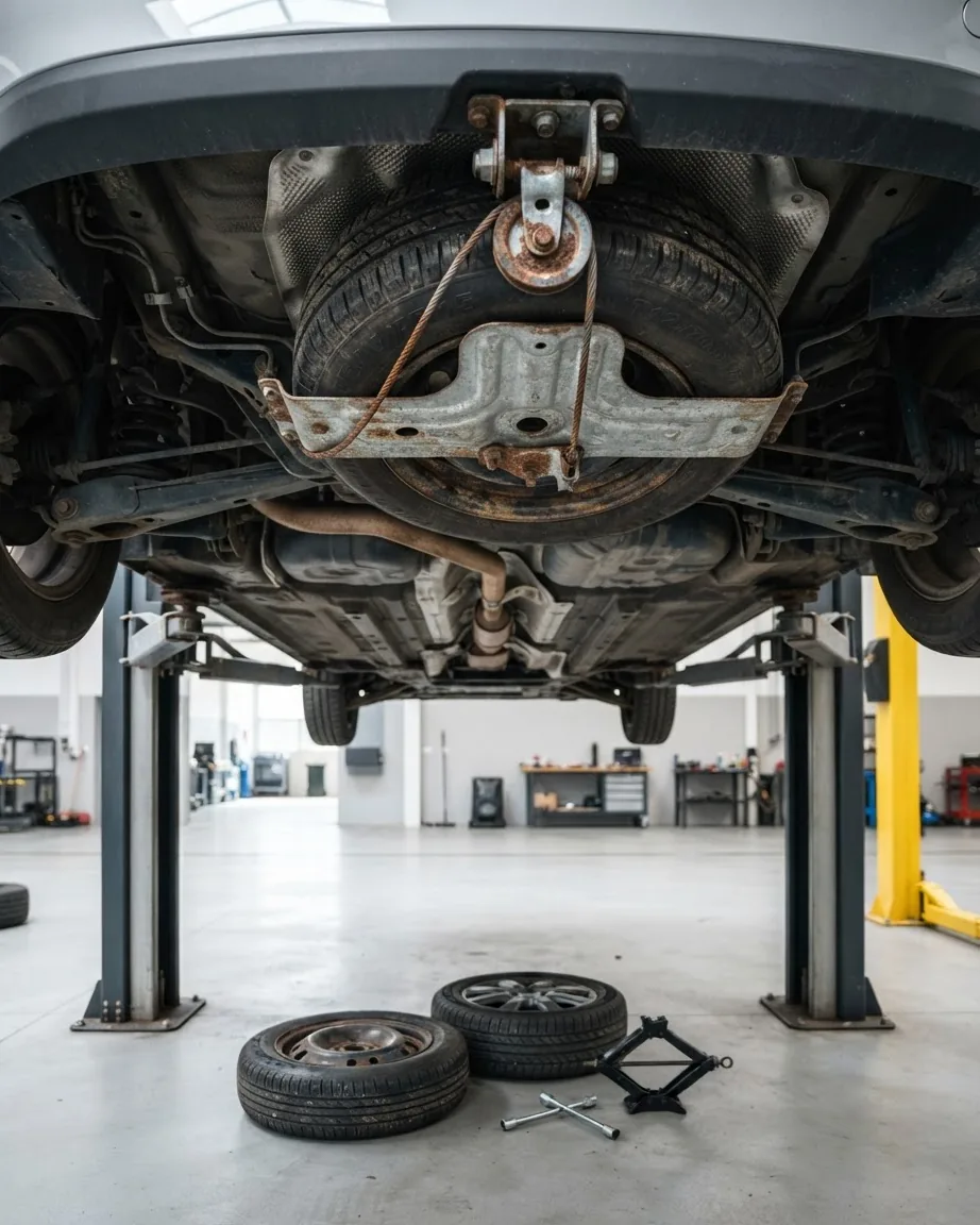 A rusty spare tire carrier and cable beneath a raised vehicle, with loose wheels and a jack on the workshop floor.