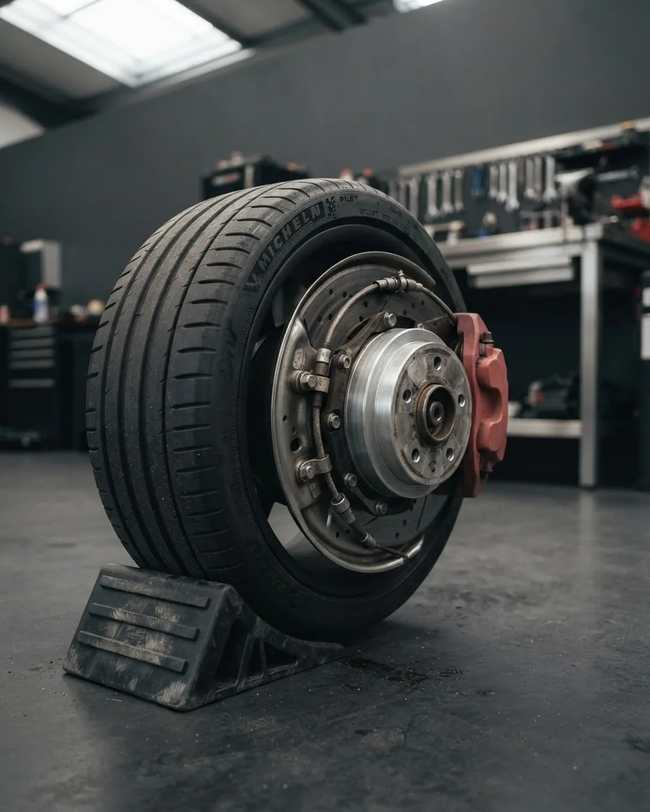 A wheel with an exposed brake disc and red caliper rests against a black rubber chock on a workshop floor.