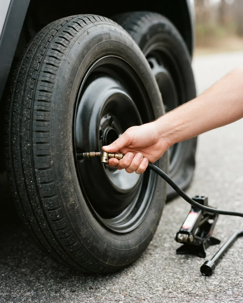A hand holds an air hose fitting against the valve of a compact spare tire on a black steel wheel.