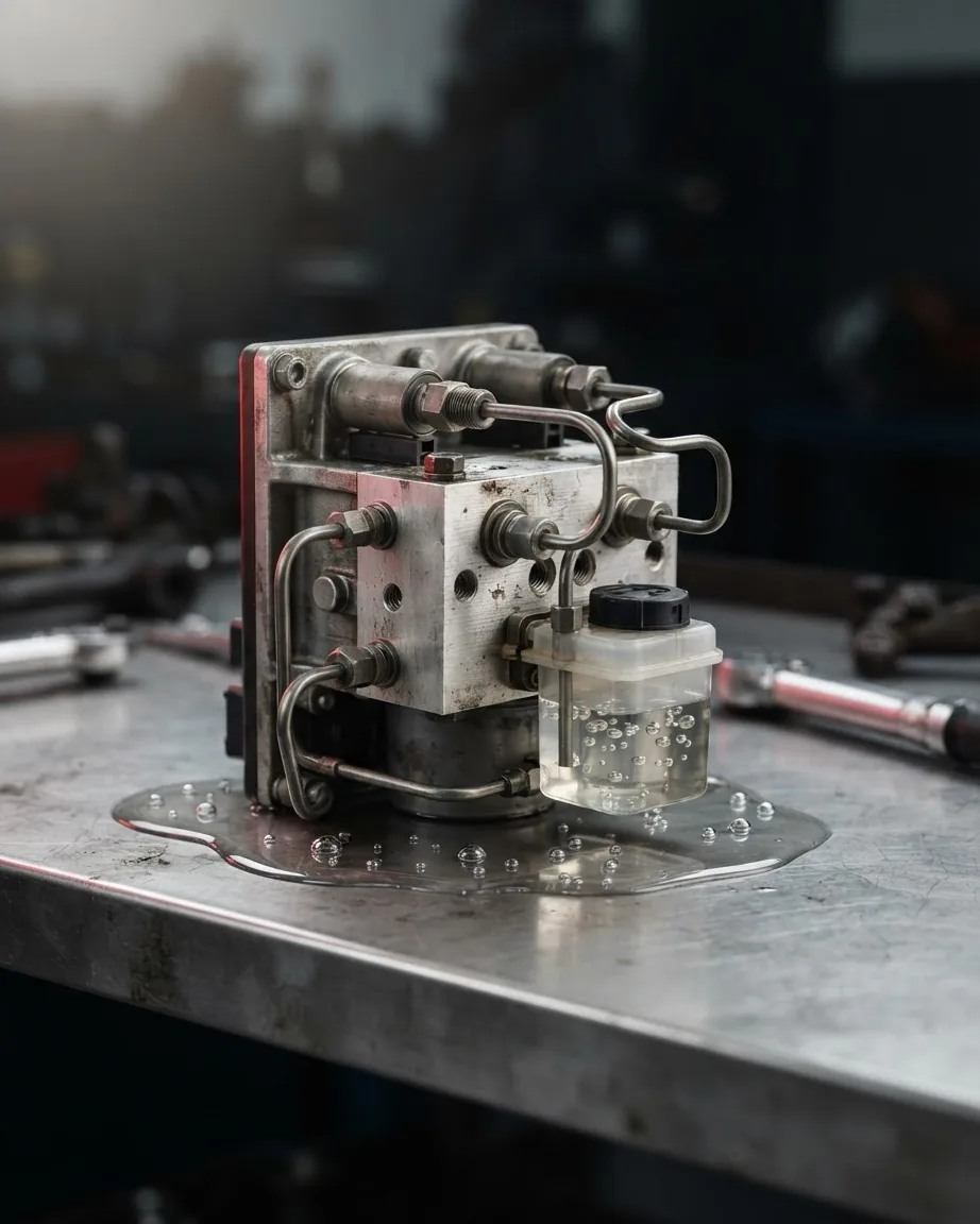 Metal hydraulic pump assembly with tubing beside a clear fluid reservoir containing small bubbles.