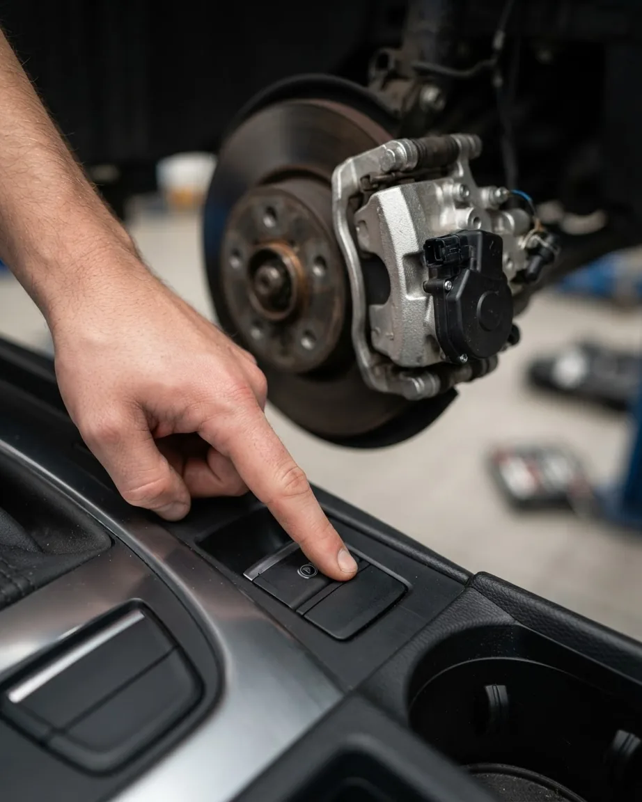 A hand presses a parking brake switch on a car's center console, with a brake rotor and motorized caliper visible behind it.