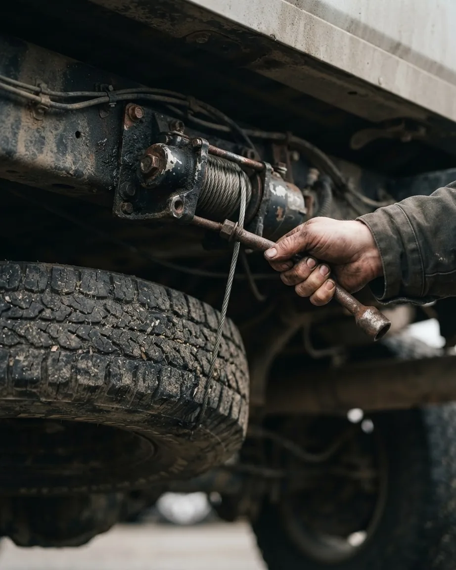 A hand turns a metal winch handle beneath a truck bed, with a steel cable hanging beside an underslung spare tire.