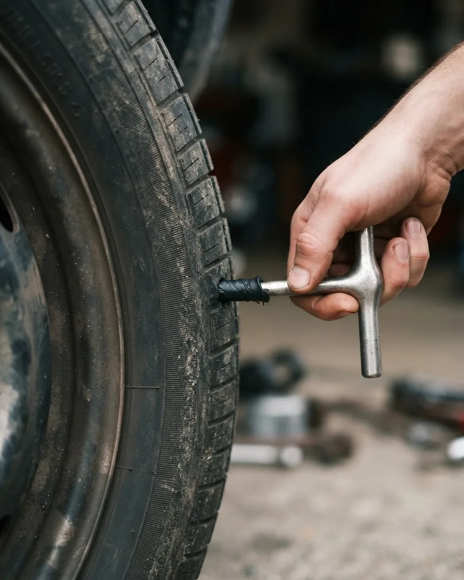A hand holds a T-handle tool, inserting a black rubber plug into the tread of a tire mounted on a wheel.
