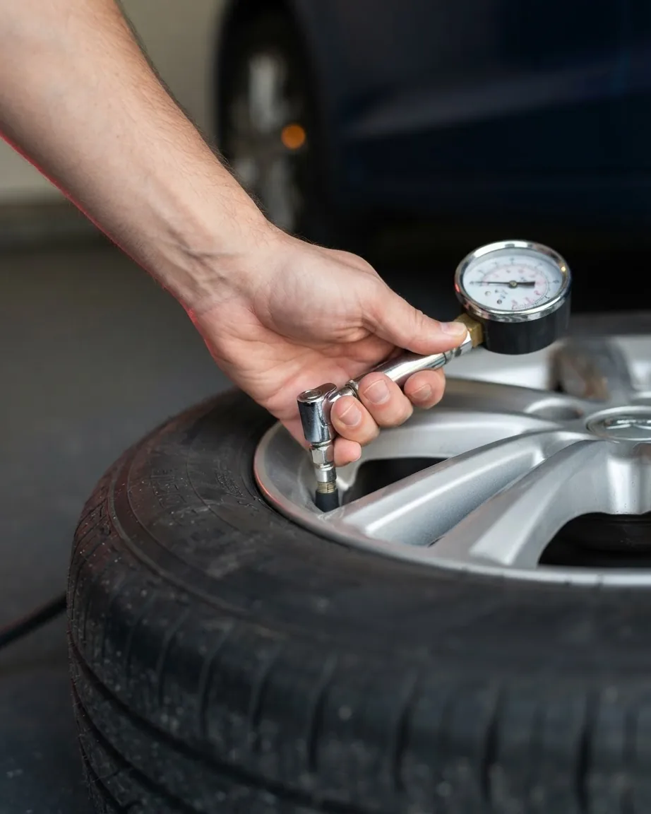 A hand holds a pressure gauge and air fitting against the valve stem of a car tire.