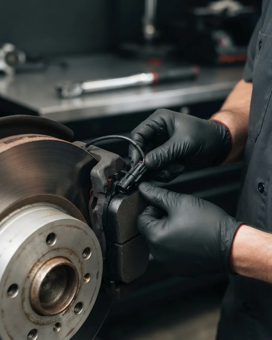 Black-gloved hands hold a brake pad wear sensor connector beside a brake caliper and rotor.