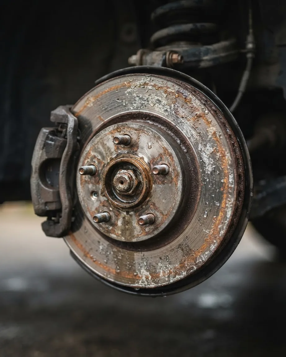 A heavily rusted brake rotor with corroded wheel studs and a brake caliper inside a vehicle's wheel well.