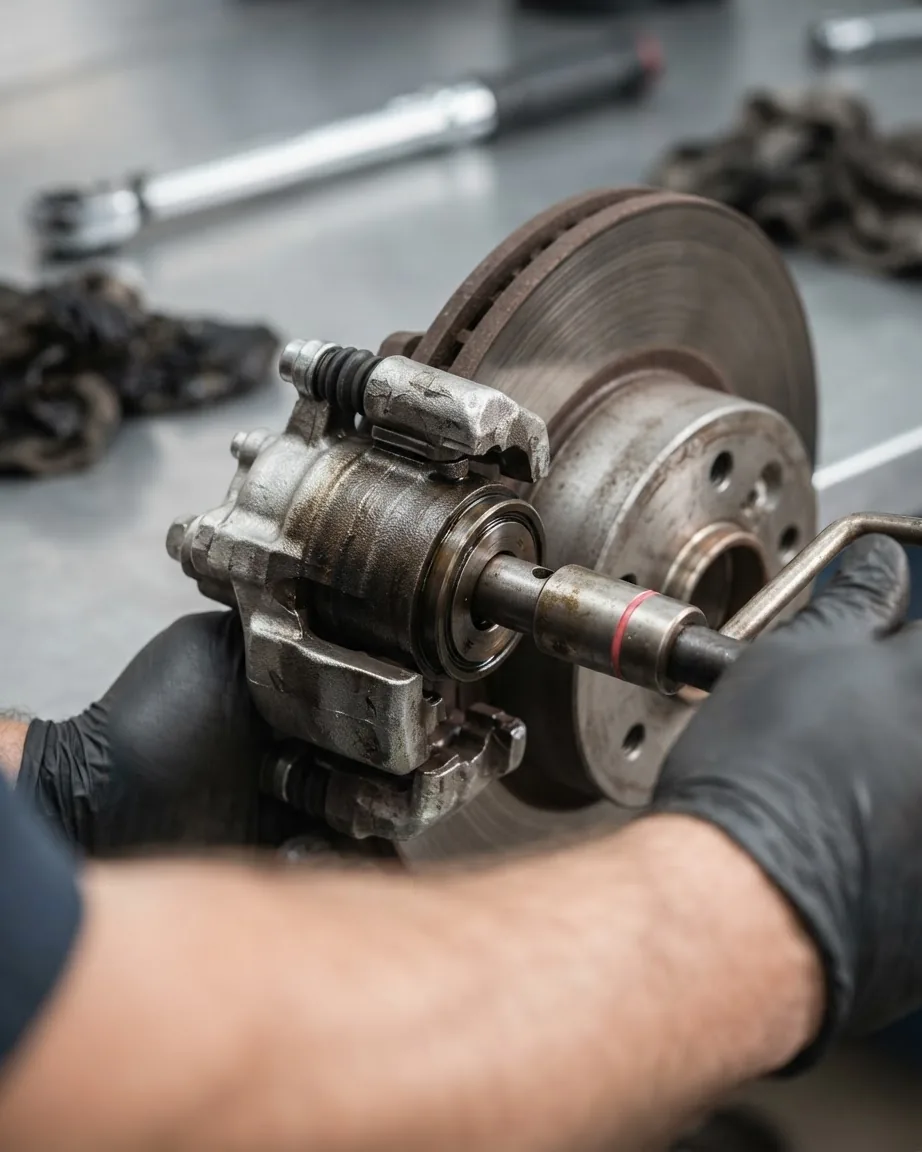 Black-gloved hands operate a metal retraction tool against a rear brake caliper piston beside a worn brake rotor.