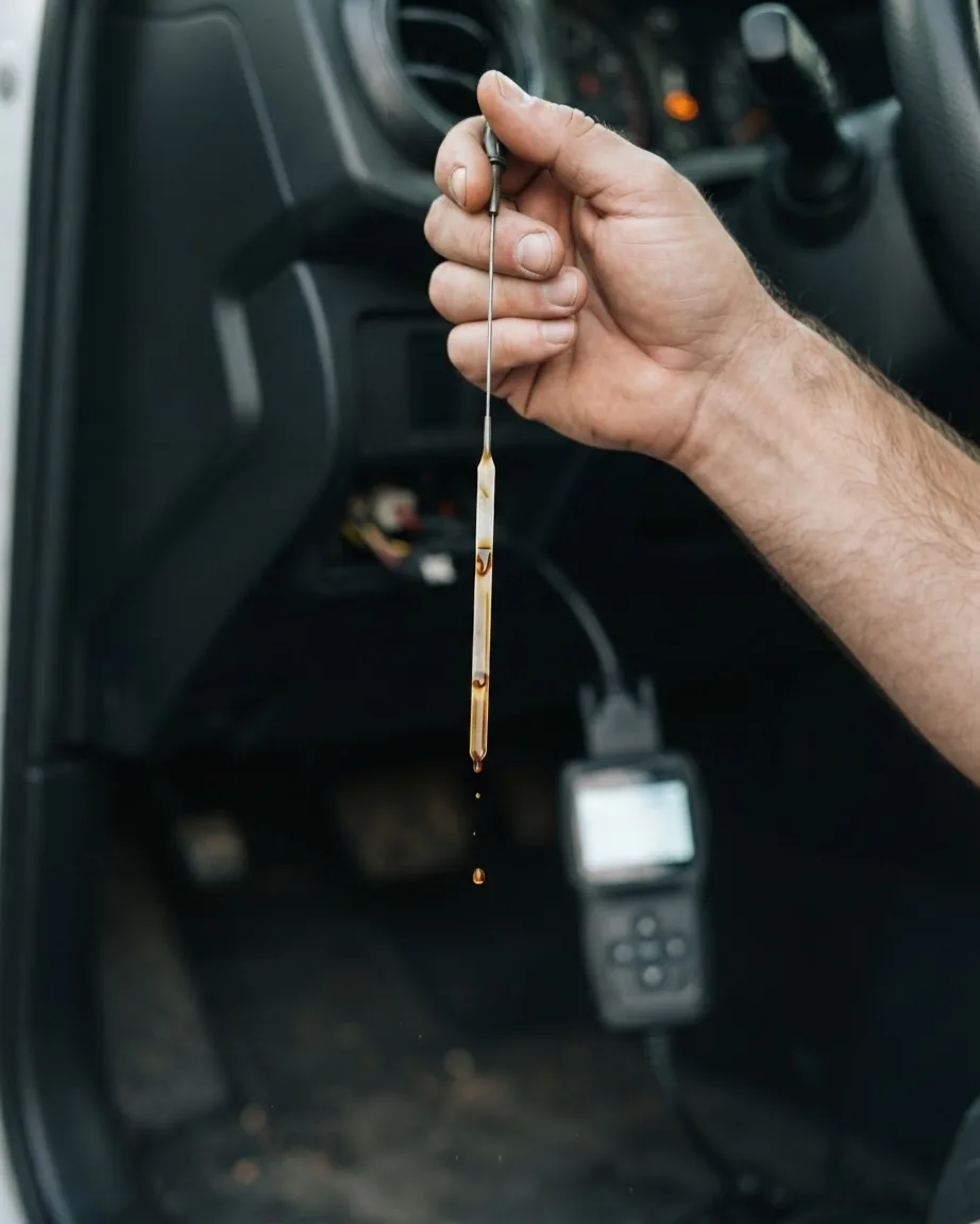 A hand holds an oil-coated engine dipstick with droplets falling from its tip inside a vehicle cabin.