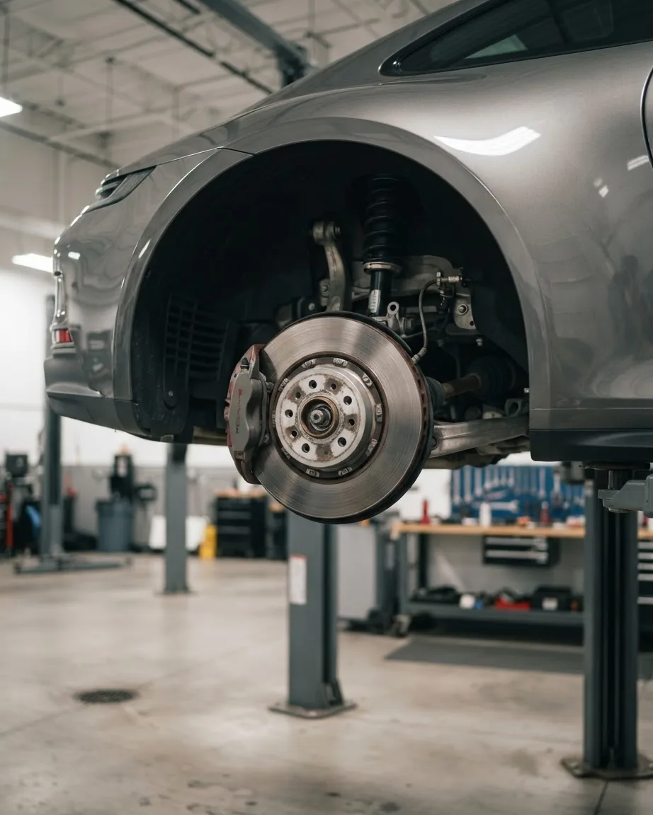 A silver car raised on a workshop lift with its front wheel removed, exposing the brake rotor, caliper, and suspension.